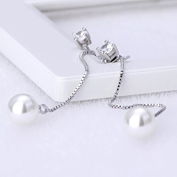 Silver Diamond and pearl long drop earrings trend - Picture 4 of 5